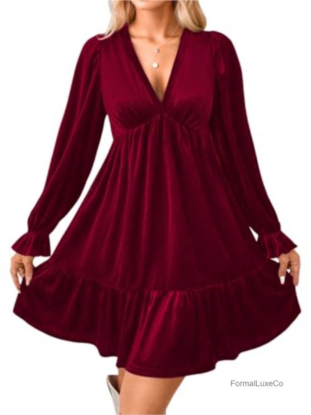 Velvet V-Neck Mini Dress Puff Sleeve Ruched Cocktail Party